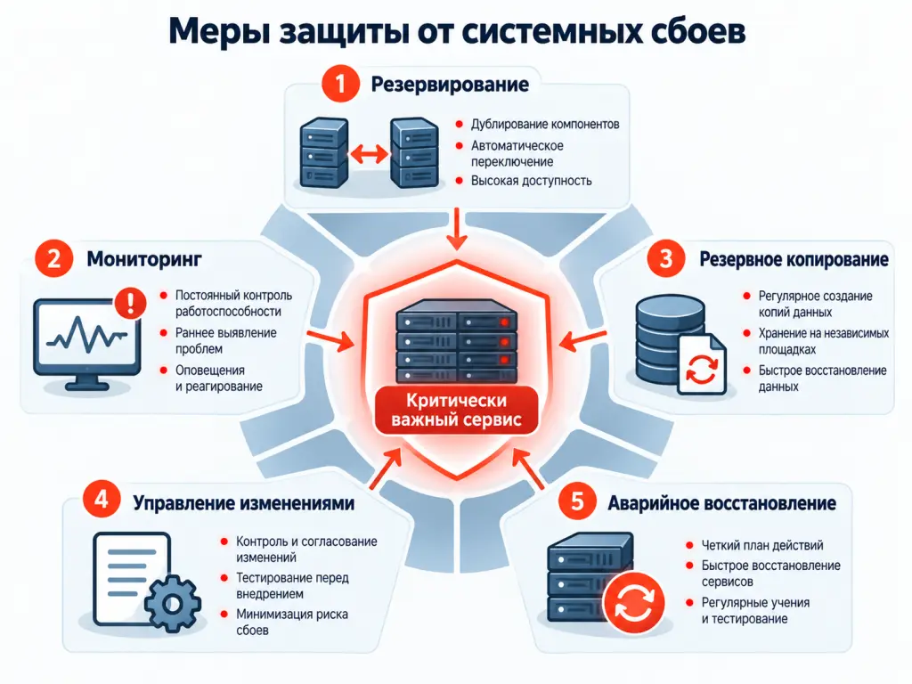 Меры защиты от системных сбоев Схема защиты ИТ-систем от сбоев с резервированием, мониторингом, резервным копированием, управлением изменениями и планом аварийного восстановления