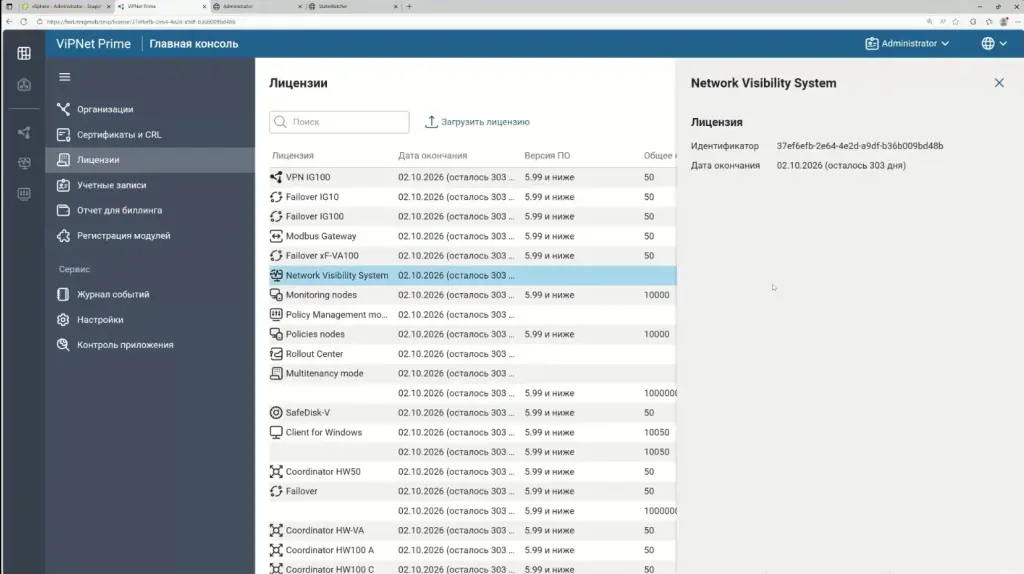 Проверка лицензии Network Visibility System