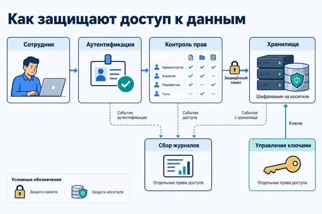 Защита доступа к данным Сотрудник проходит аутентификацию, получает доступ в соответствии со своей ролью и передает файл по защищенному каналу. Хранилище шифрует данные на носителе. Отдельный сервис управляет ключами, а отдельная система принимает журналы событий
