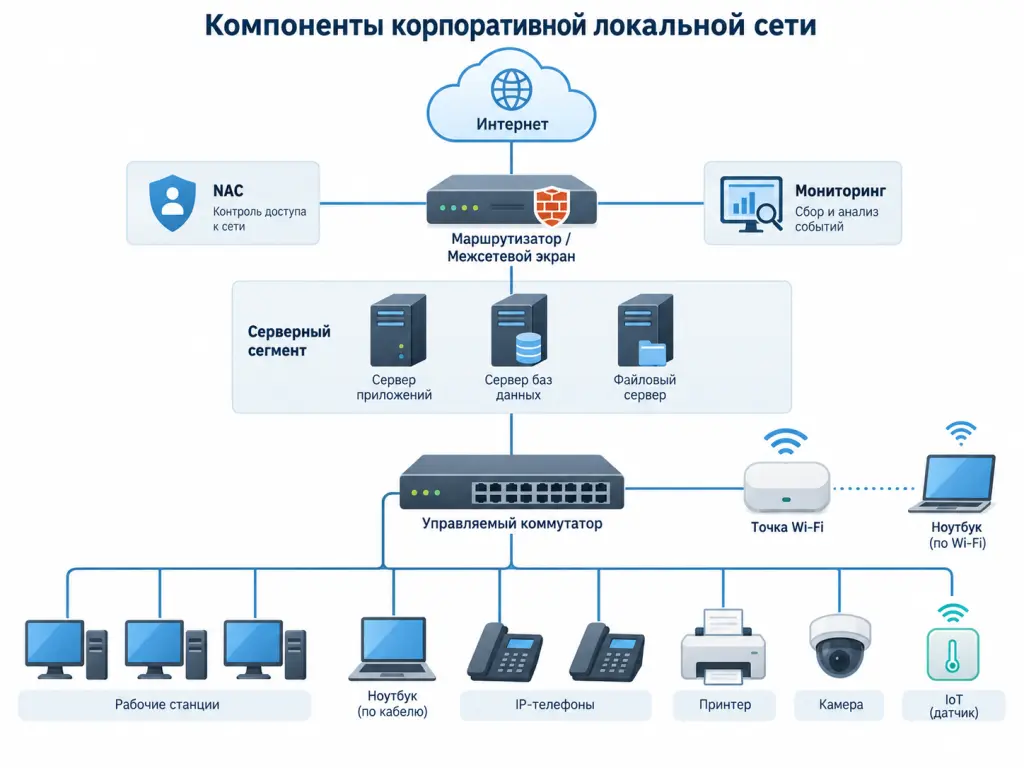 Схема корпоративной LAN с рабочими станциями, IP-телефонами, принтерами и Wi-Fi-устройствами, подключенными к коммутаторам доступа, серверному сегменту и защищенному шлюзу в интернет.