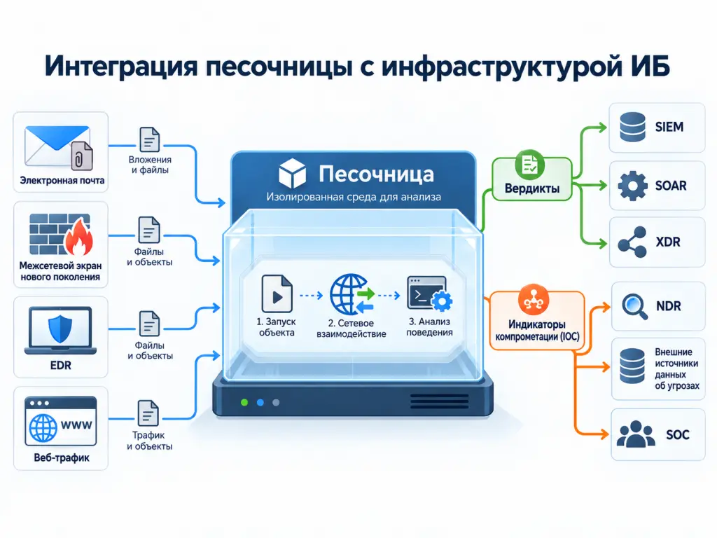 Интеграция песочницы в инфраструктуру Архитектурная схема интеграции песочницы с почтовым шлюзом, межсетевым экраном нового поколения, EDR, XDR, SIEM, SOAR, NDR и центром мониторинга информационной безопасности