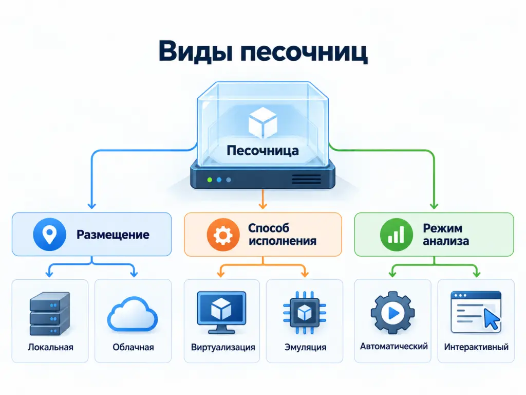 Виды песочниц Схема классификации песочниц по размещению, способу анализа и назначению: локальные и облачные, виртуализированные и эмулируемые, автоматические и интерактивные