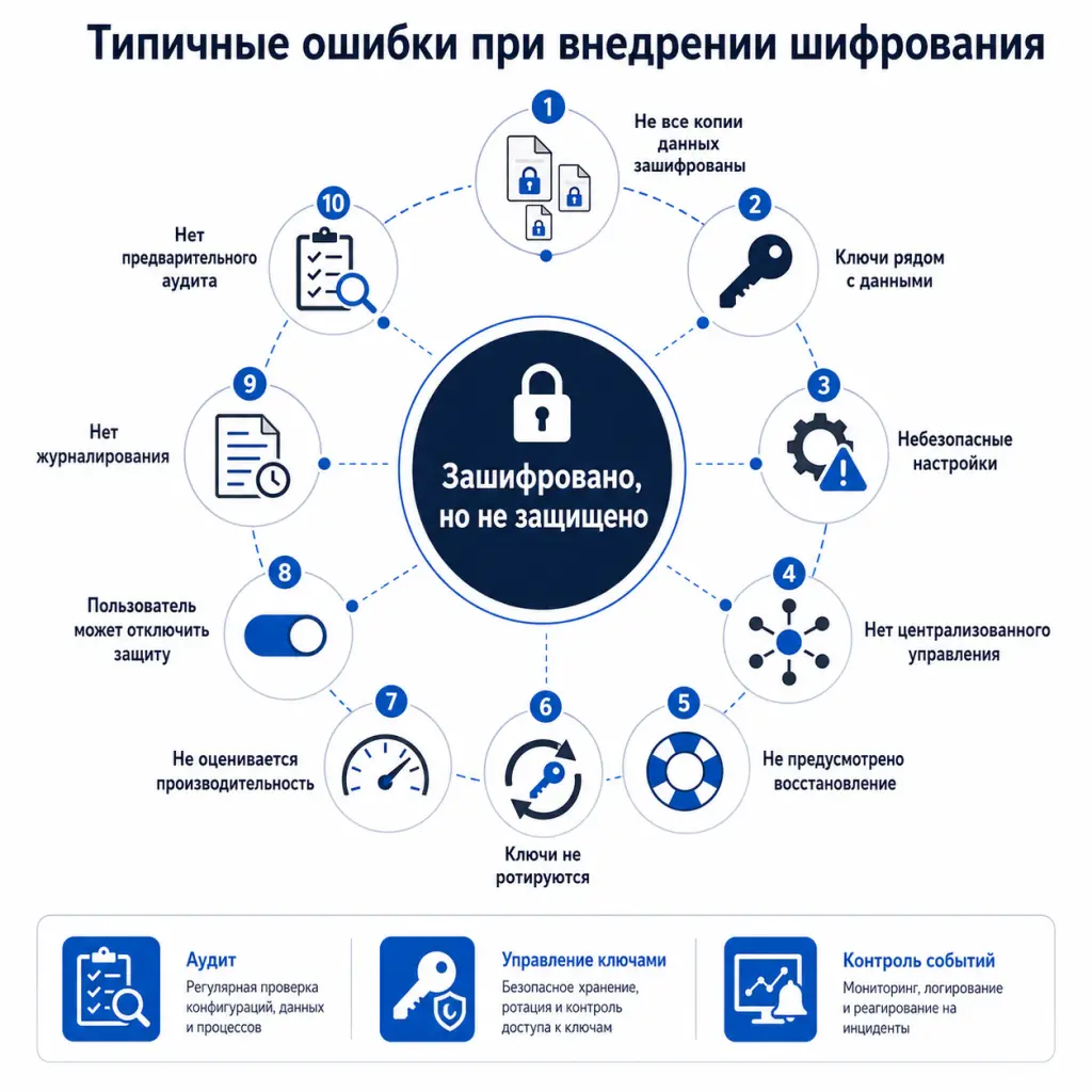 Инфографика показывает десять ошибок: открытые копии, ключ рядом с данными, слабые настройки, отсутствие ротации и другие риски