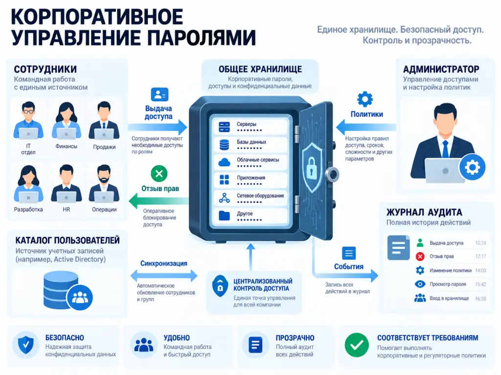 Корпоративное управление паролями Схема централизованного управления корпоративными паролями с сотрудниками, администратором, общим хранилищем и журналом аудита.