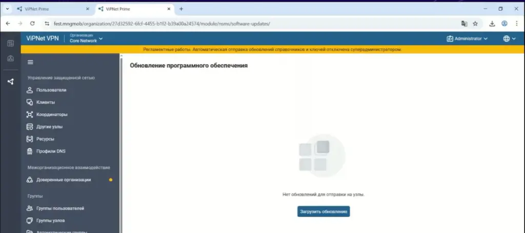 Раздел ViPNet Prime «Обновление ПО»