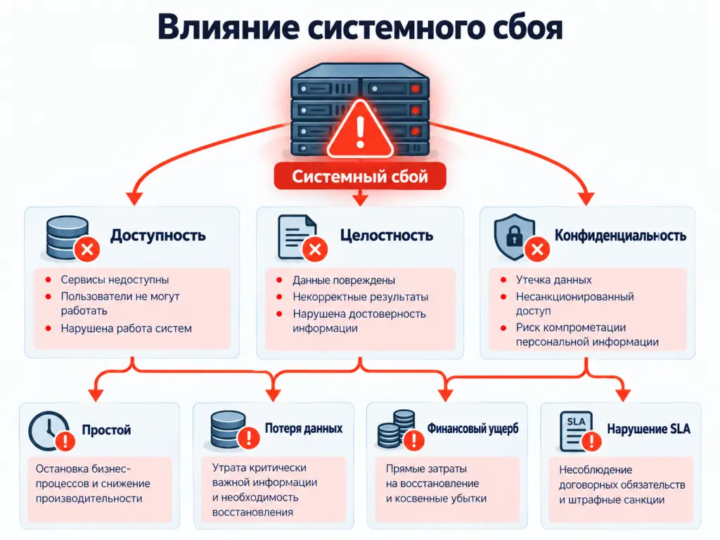 Влияние системного сбоя на информационную безопасность Схема влияния системного сбоя на доступность, целостность и конфиденциальность данных, а также на бизнес-процессы