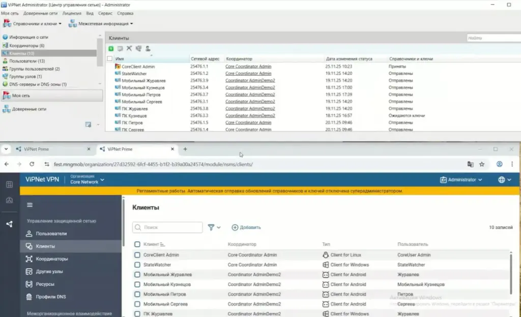 Списки клиентских узлов в интерфейсах управляющего ПО ViPNet Administrator и ViPNet Prime