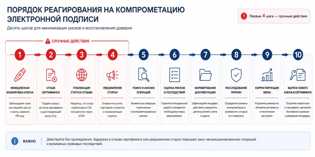 Десять шагов после компрометации: блокировка ключа, отзыв сертификата, поиск операций, уведомление сторон, расследование и выпуск нового ключа