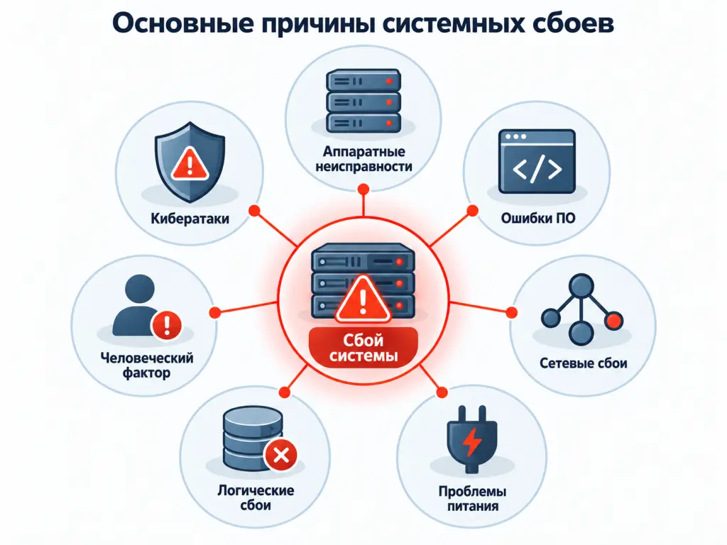 Классификация системных сбоев Инфографика с видами системных сбоев: аппаратные, программные, сетевые, инфраструктурные, логические, человеческий фактор и кибератаки