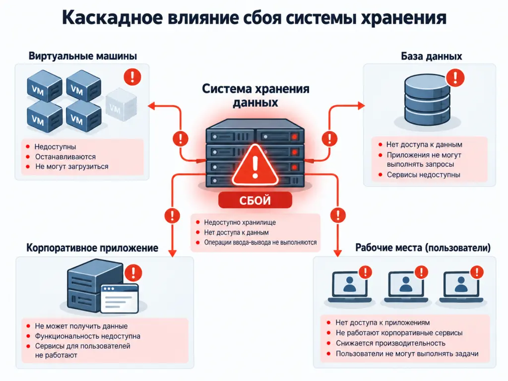 Схема распространения системного сбоя Схема ИТ-инфраструктуры, где отказ системы хранения данных влияет на виртуальные машины, базу данных, корпоративное приложение и пользователей