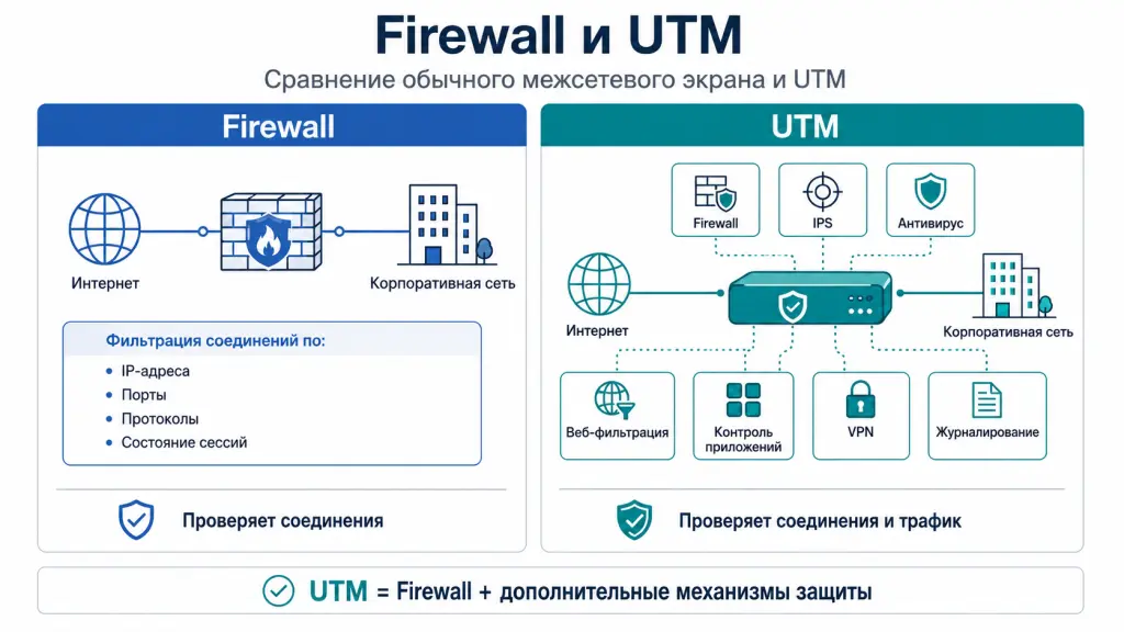 Сравнение обычного межсетевого экрана и UTM: Firewall проверяет соединения, а UTM дополнительно использует IPS, антивирус, веб-фильтрацию, контроль приложений и VPN