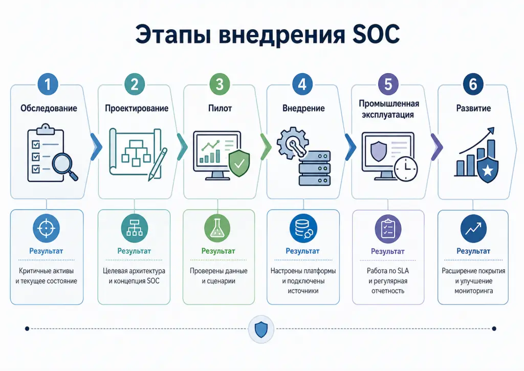 Дорожная карта внедрения SOC от обследования и проектирования до пилота, промышленного запуска, поддержки и развития Дорожная карта внедрения SOC от обследования и проектирования до пилота, промышленного запуска, поддержки и развития