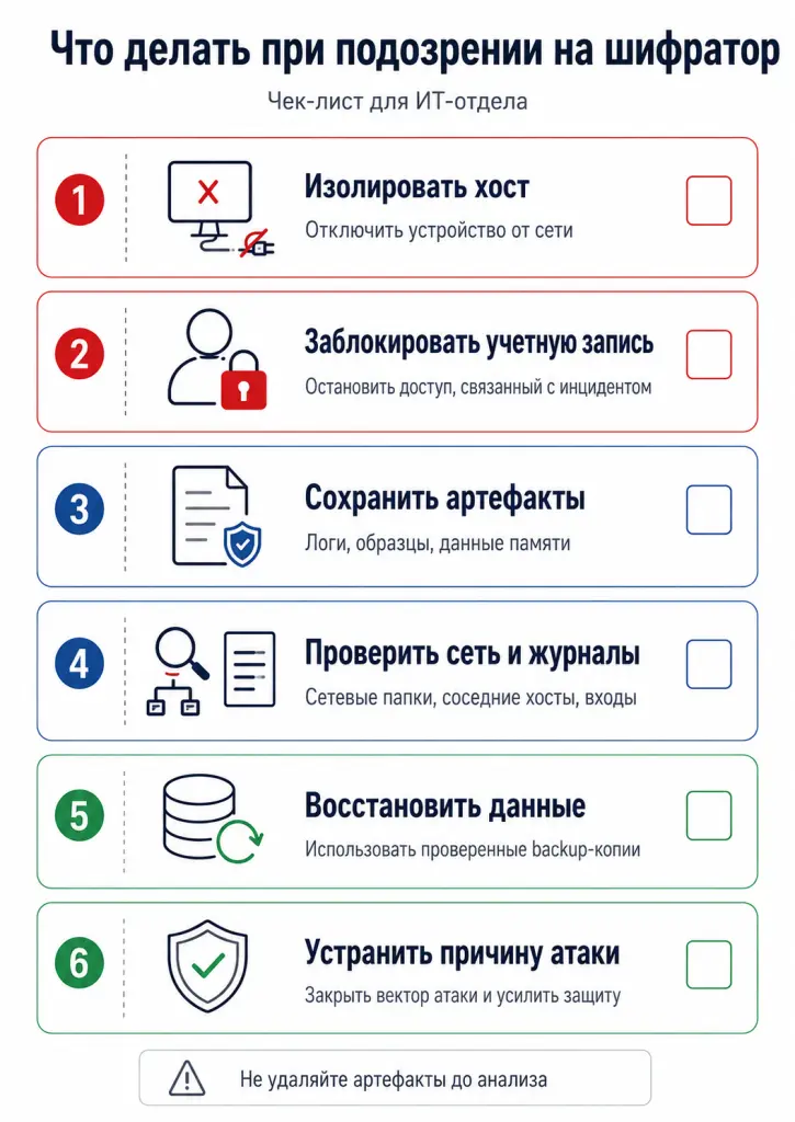 Инфографика в виде чек-листа: изолировать устройство, заблокировать учетную запись, сохранить артефакты, проверить сетевые папки, восстановить данные, устранить причину атаки