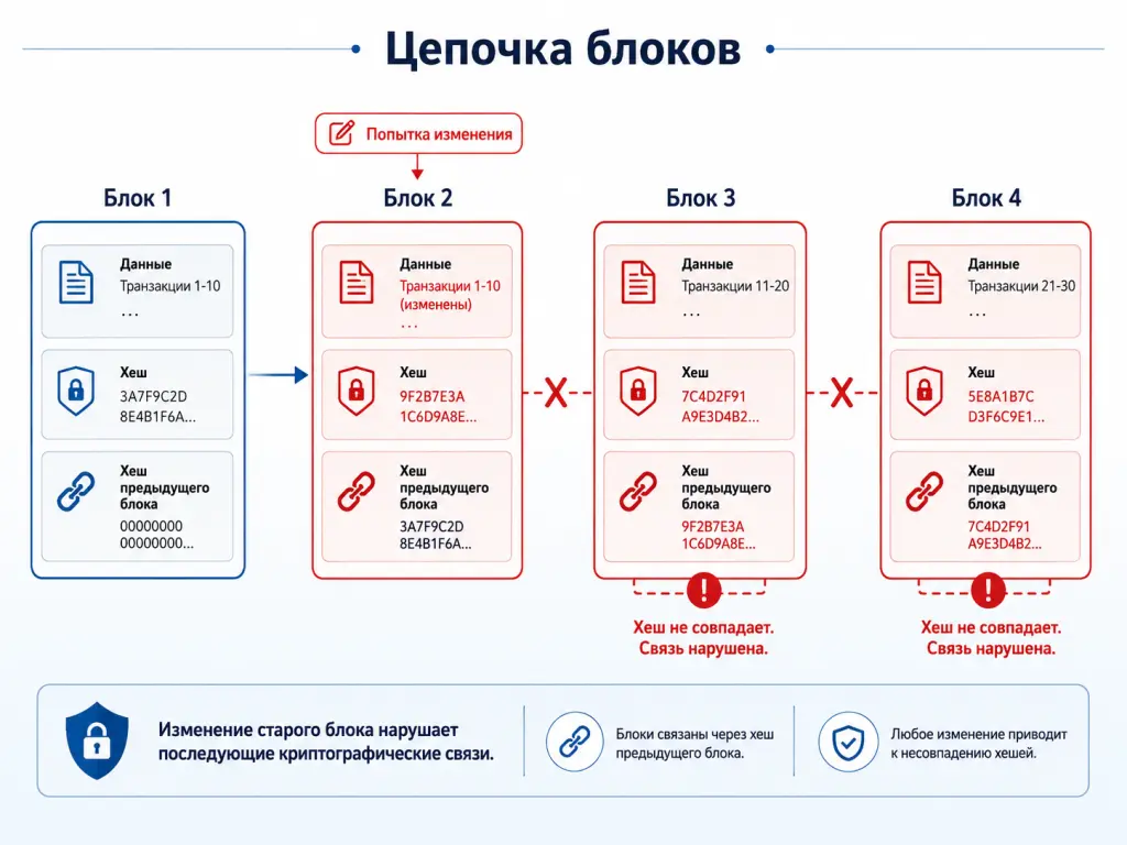 Цепочка блоков Схема из четырех блоков блокчейна, каждый содержит данные, собственный хеш и хеш предыдущего блока; стрелками показана криптографическая связь