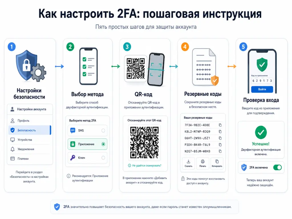 пользователь открывает настройки безопасности, выбирает двухфакторную аутентификацию, сканирует QR-код, сохраняет резервные коды и проверяет вход