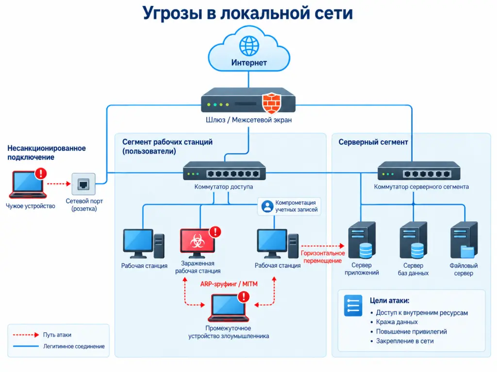 Схема киберугроз в корпоративной LAN: постороннее устройство, зараженная рабочая станция, ARP-spoofing, кража учетных данных и lateral movement в направлении серверного сегмента.