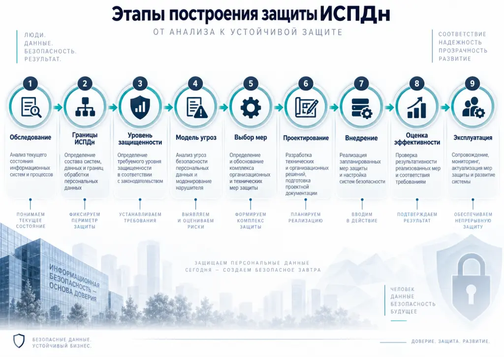 Этапы построения защиты ИСПДн Последовательная схема создания системы защиты ИСПДн: инвентаризация, определение границ, уровень защищенности, модель угроз, выбор мер, проектирование, внедрение, оценка эффективности и эксплуатация