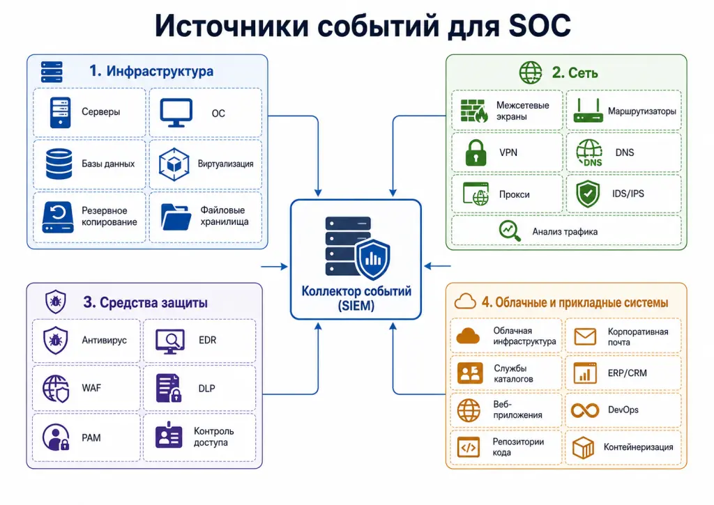 Группы источников событий для SOC: инфраструктура, сеть, средства защиты, облачные сервисы, бизнес-приложения и системы управления доступом Группы источников событий для SOC: инфраструктура, сеть, средства защиты, облачные сервисы, бизнес-приложения и системы управления доступом