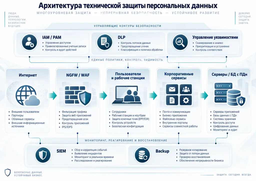 Архитектура технической защиты персональных данных Многоуровневая архитектура информационной безопасности: интернет, NGFW и WAF, пользовательские устройства с EDR, корпоративная сеть, IAM и PAM, серверы и базы данных с персональными данными, DLP, SIEM и резервное копирование