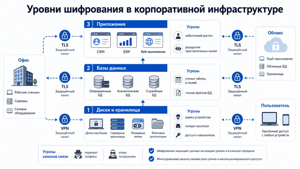 Архитектурная схема показывает защиту диска, файлов, базы данных, приложения и сетевого канала