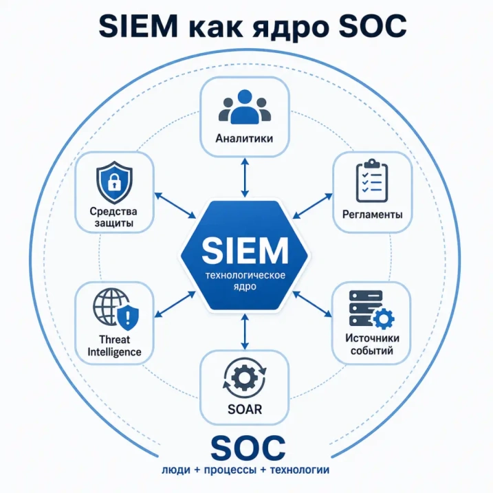 SIEM и SOC Инфографика, где SIEM находится в центре SOC и связана с источниками событий, аналитиками, регламентами, SOAR, Threat Intelligence и средствами реагирования