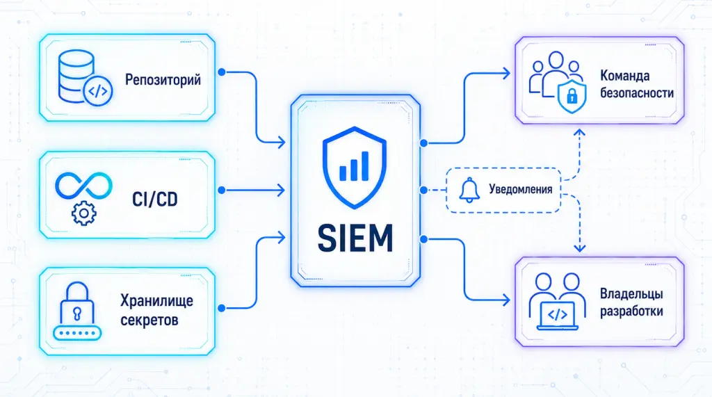 Поток событий от репозитория и CI/CD в систему мониторинга Поток событий от репозитория и CI/CD в систему мониторинга