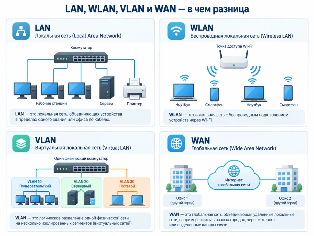 Сравнительная инфографика LAN, WLAN, VLAN и WAN: офисная проводная сеть, Wi-Fi-сегмент, несколько логических VLAN внутри одной инфраструктуры и соединение двух площадок через WAN.