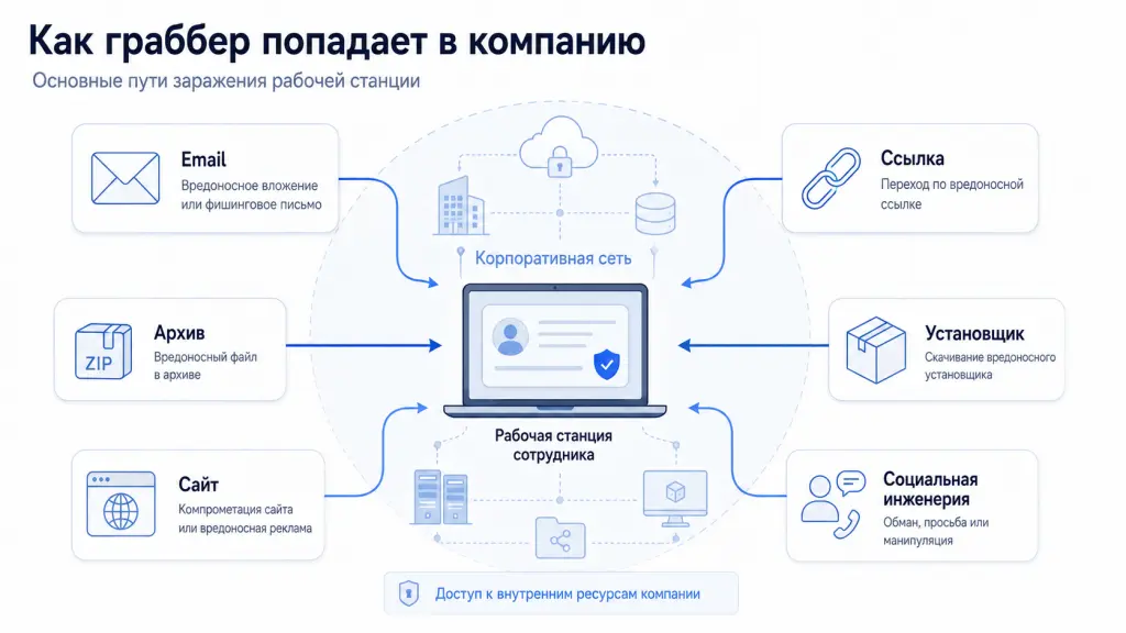 Как граббер попадает в компанию Схема основных путей заражения рабочей станции граббером: фишинг, вредоносные вложения, поддельные программы, пиратское ПО, вредоносные сайты и социальная инженерия.