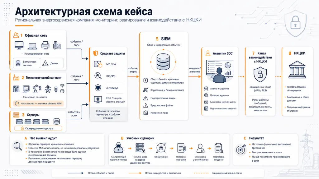 Пример архитектуры внедрения ГосСОПКА для компании с офисной и технологической сетью