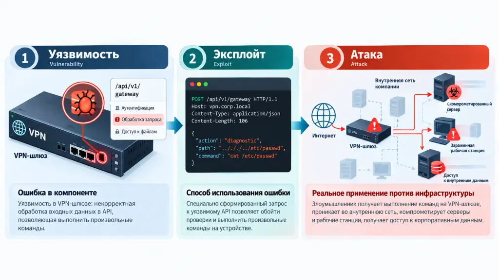 Разница между Zero-Day Vulnerability, Exploit и Attack Схема из трех связанных блоков: уязвимость как ошибка в системе, эксплойт как способ ее использования и атака как реальное применение эксплойта против корпоративной инфраструктуры