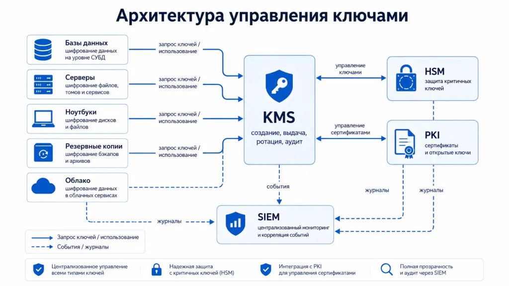  Корпоративные серверы, базы, рабочие станции и облако получают ключи из KMS, а критичные ключи хранятся в HSM