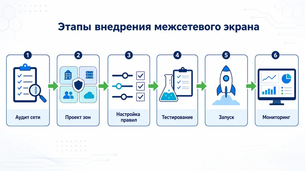 Пошаговая схема внедрения межсетевого экрана: аудит сети, проект зон, настройка правил, тестирование, запуск, мониторинг, сопровождение
