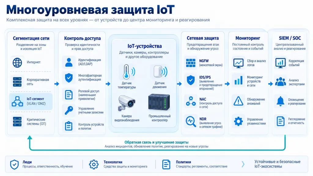 Многоуровневая защита IoT Схема защиты Интернета вещей: инвентаризация устройств, сегментация сети, NAC, межсетевой экран, IDS/IPS, NDR, SIEM и SOC образуют несколько уровней контроля IoT-инфраструктуры.