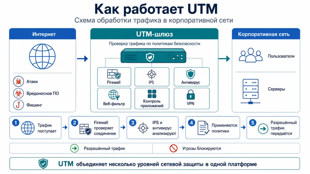 Схема обработки трафика: интернет, UTM-шлюз, Firewall, IPS, антивирус, веб-фильтр, контроль приложений, корпоративная сеть, пользователи и серверы