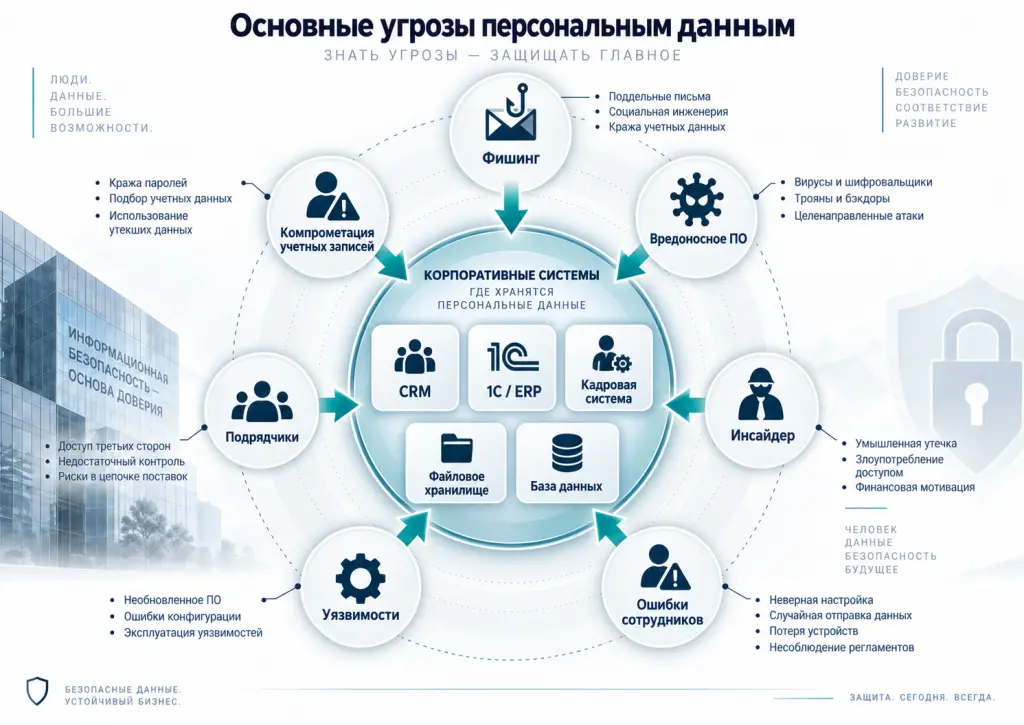 Основные угрозы персональным данным Схема угроз персональным данным: фишинг, вредоносное ПО, внешний злоумышленник, инсайдер, ошибки сотрудников, уязвимости приложений и подрядчики направлены к корпоративным системам с персональными данными