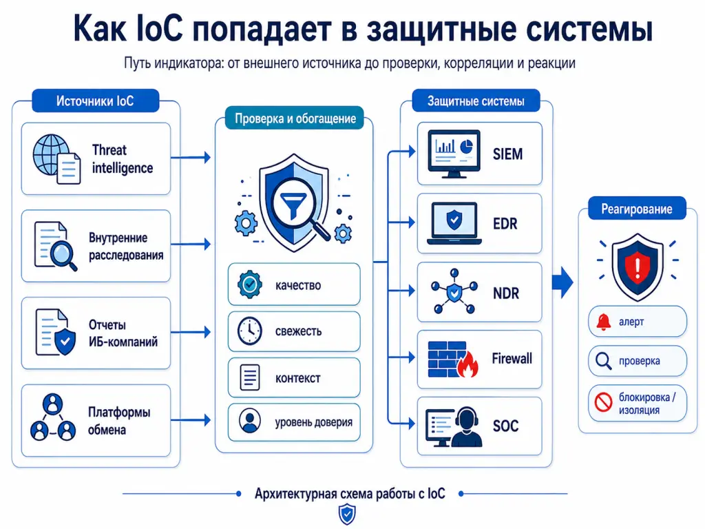 архитектурная схема показывает получение IoC из threat intelligence, проверку качества, передачу в SIEM, EDR, NDR, почтовый шлюз и запуск реагирования