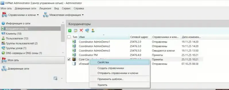 Список координаторов в интерфейсе Administrator