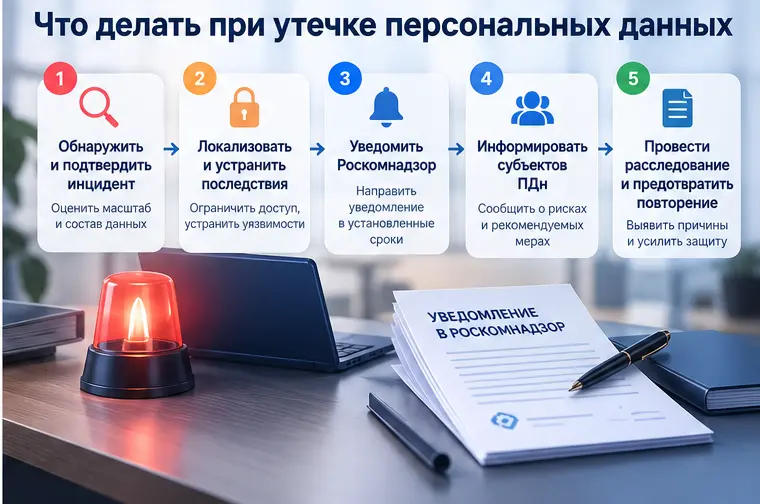 Реагирование на утечку персональных данных Временная шкала реагирования на утечку персональных данных: выявление инцидента, локализация, уведомление Роскомнадзора в течение 24 часов, расследование и сообщение результатов в течение 72 часов