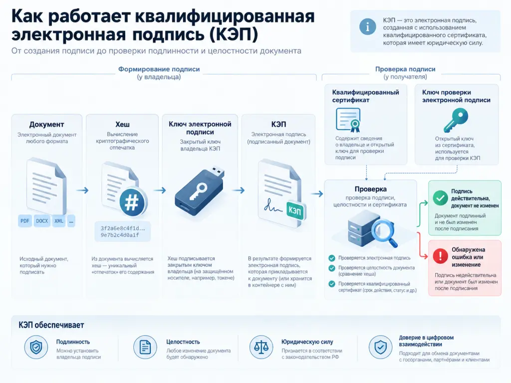 Как работает КЭП Схема процесса подписания электронного документа: документ, вычисление хеша, создание электронной подписи ключом электронной подписи, передача документа и подписи, проверка ключом проверки и сертификатом.