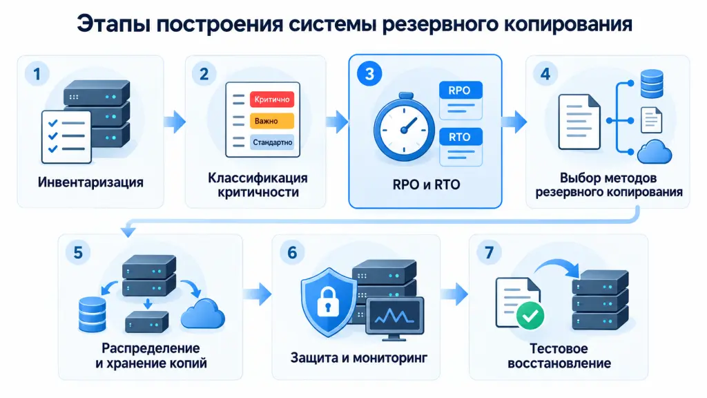 Этапы построения системы резервного копирования Схема процесса: инвентаризация систем, классификация по критичности, определение RPO и RTO, выбор методов резервного копирования, защита хранилища, мониторинг и регулярное тестирование восстановления.