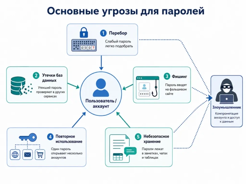 Инфографика с пользователем в центре и пятью направлениями угроз: перебор, утечки баз, фишинг, повторное использование пароля и небезопасное хранение