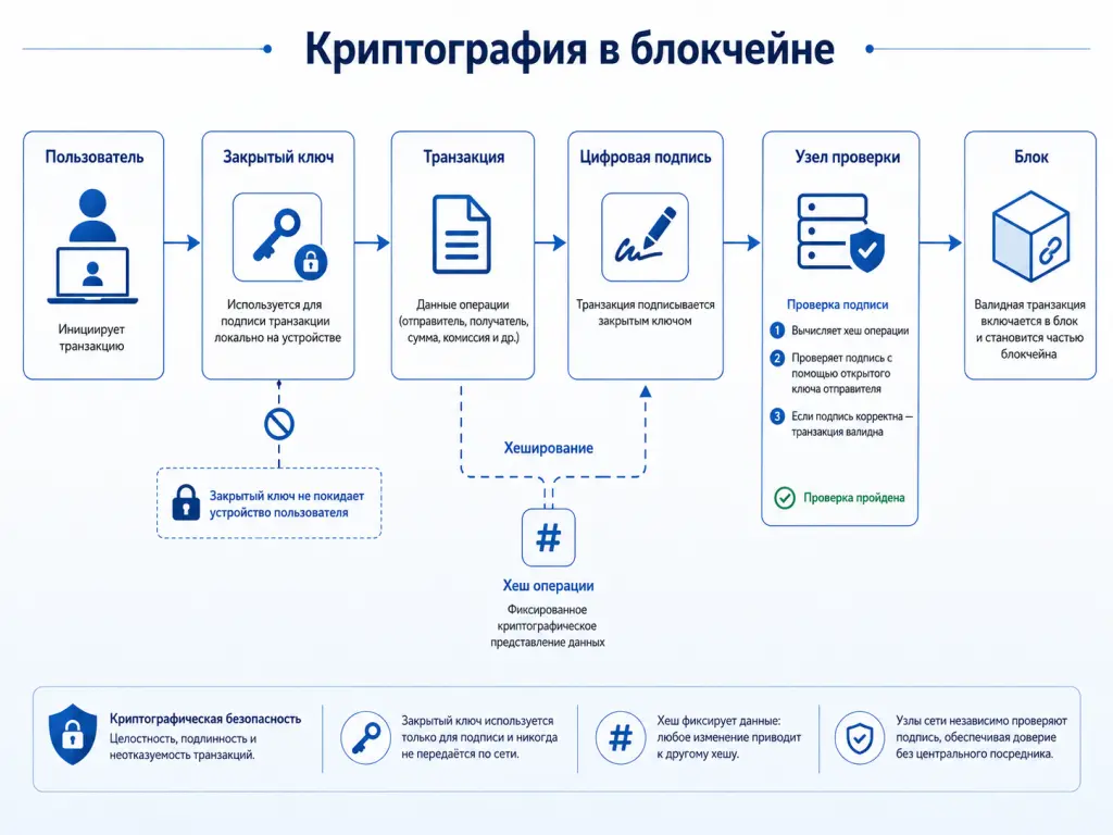 Криптография в блокчейне Схема подписания транзакции закрытым ключом, проверки цифровой подписи открытым ключом и фиксации хеша операции в блоке