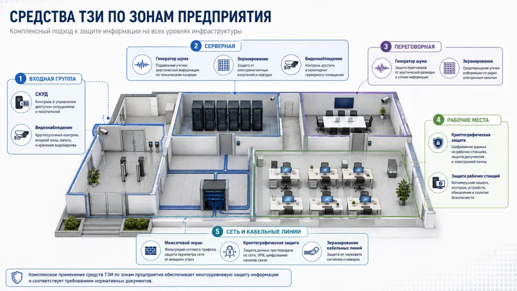 Инфографика с зонами предприятия: входная группа, серверная, переговорная, рабочие места, сеть и кабельные линии; рядом указаны СКУД, видеонаблюдение, генераторы шума, экранирование, межсетевой экран и криптографическая защита