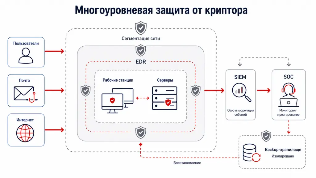 Схема показывает несколько уровней защиты: почтовый шлюз, песочница, EDR на рабочих станциях, SIEM, резервное копирование, сегментация сети и команда реагирования