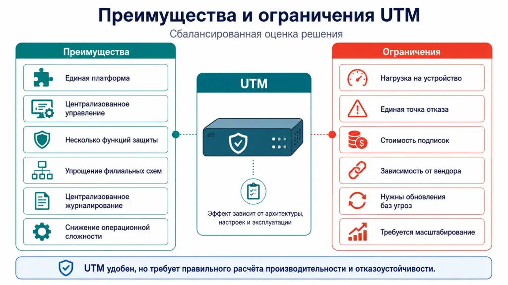 Инфографика с преимуществами UTM: единое управление, несколько функций защиты и сокращение числа отдельных систем; и ограничениями: нагрузка, единая точка отказа, лицензии и зависимость от производителя