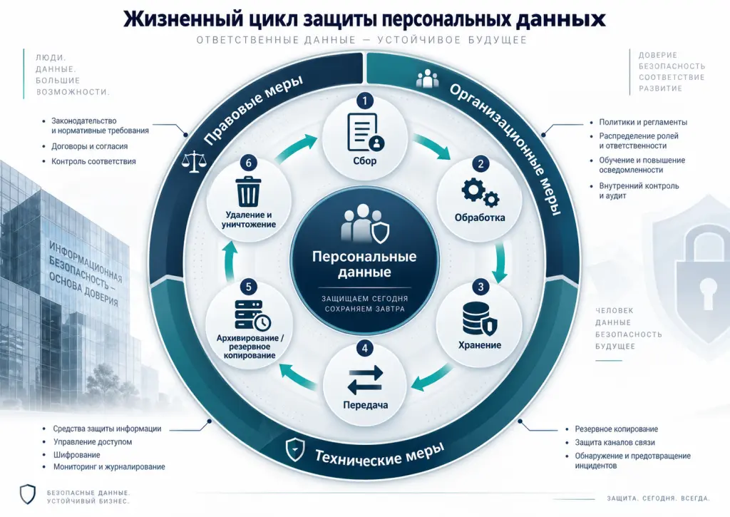 Контур защиты персональных данных Инфографика жизненного цикла персональных данных: сбор, обработка, хранение, передача, резервное копирование и уничтожение, вокруг каждого этапа показаны правовые, организационные и технические меры защиты