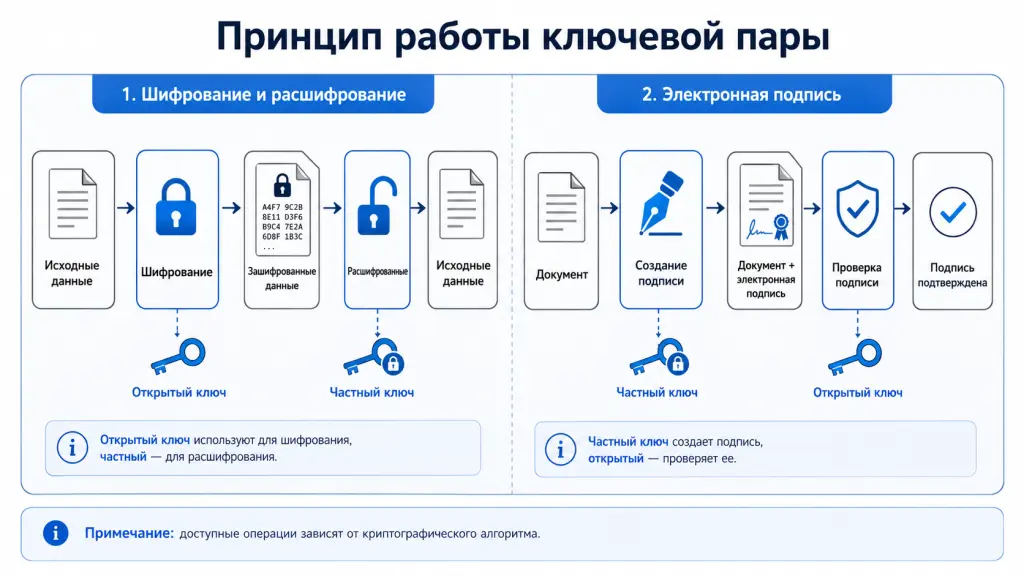 Схема двух сценариев использования открытого и частного ключей: шифрование и расшифрование данных, создание и проверка электронной подписи