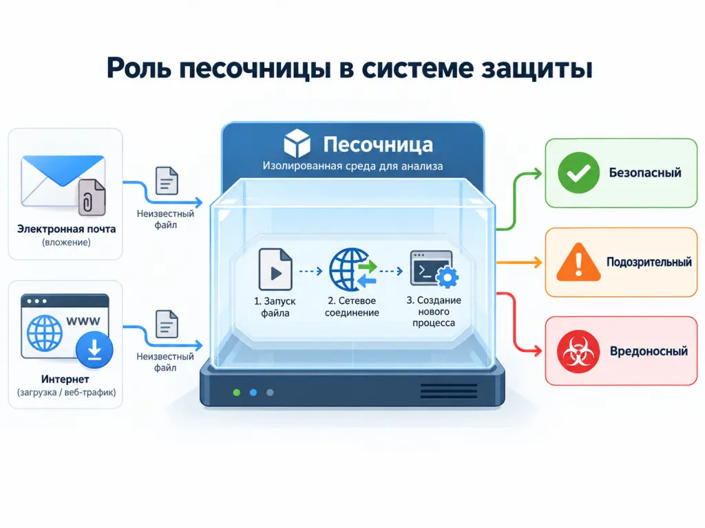 Роль песочницы в системе защиты Схема показывает подозрительный файл, его передачу в изолированную песочницу, анализ поведения и последующее решение о блокировке или разрешении объекта