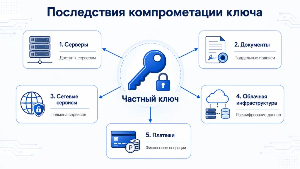 Инфографика с частным ключом в центре и связанными рисками: доступ к серверам, поддельные подписи, расшифрование данных, подмена сервисов и финансовые операции
