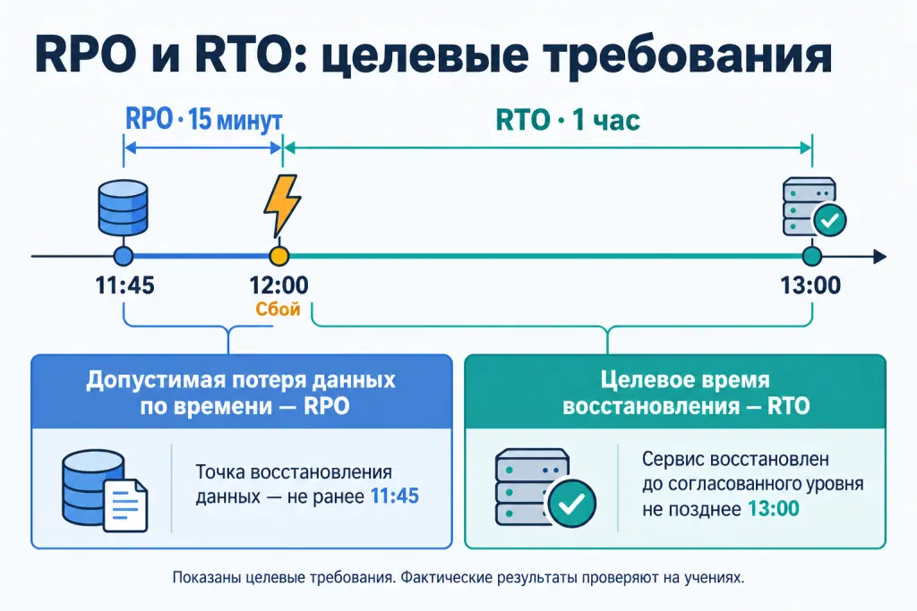 rpo и rto Пример целевых требований на временной шкале: сбой в 12:00, допустимая точка восстановления данных — не ранее 11:45, восстановление сервиса до согласованного уровня — не позднее 13:00. RPO составляет 15 минут, RTO — один час